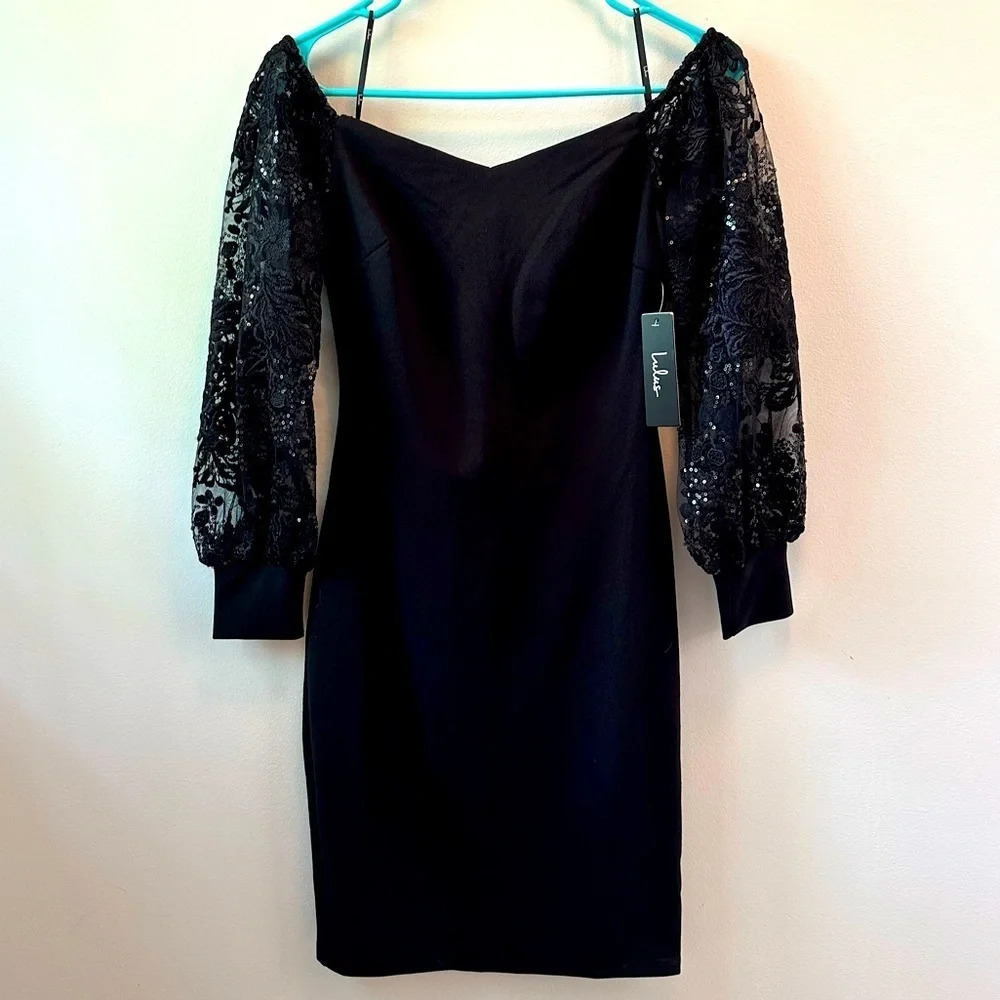 Lulus Black Fitted Balloon Sleeve Mini Dress Zip Up‎ Back  Size XS
